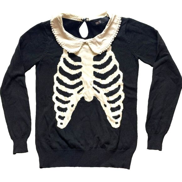 Iron Fist Sweaters - Iron Fist Sweater Womens Small Skull Skeleton Wishbone Goth Grunge Swiss Dots